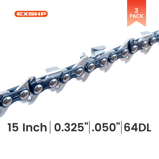 EXSHP | 15 Inch saw Chain | .325 | .050 | 64 Drive links | Full Chisel | Low-Kickback