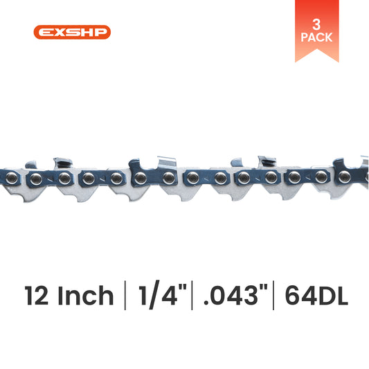 EXSHP | 12 Inch saw Chain | 1/4 | .043 | 64 Drive links | Semi Chisel