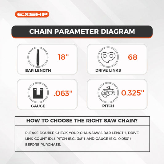 EXSHP Saw Chains | 18 Inch | .325" Pitch | .063" Gauge | 68 DL | Semi-Chisel | Low-Kickback